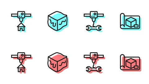 Set line 3D printer wrench spanner, house, Isometric cube and Graphing paper  Stock Illustration