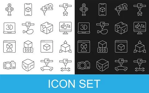 Set line 3D printer wrench spanner, Isometric cube, software, chicken leg, .. Ilustração Stock