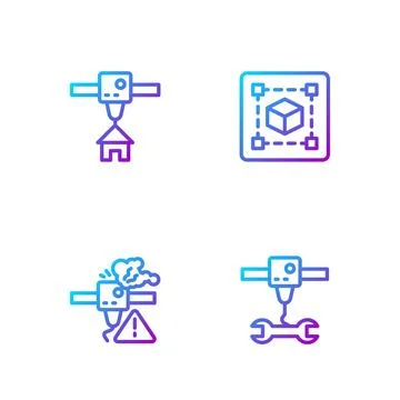 Set line 3D printer wrench spanner, warning, house and Geometric figure Cub.. Stock-Illustration