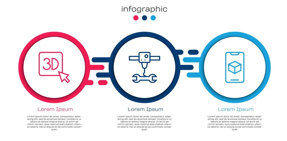 Set line 3D printer, wrench spanner and software. Business infographic temp.. Ilustração Stock