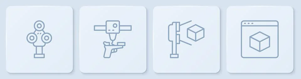 Set line 3D scanner, with cube, printer gun and . White square button. Vector Stock Illustration
