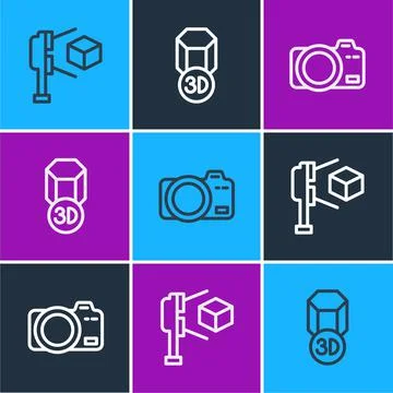 Set line 3D scanner with cube, Photo camera and printer icon. Vector Stock Illustration