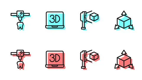 Set line 3D scanner with cube, printer tooth, and Isometric icon. Vector Stock Illustration