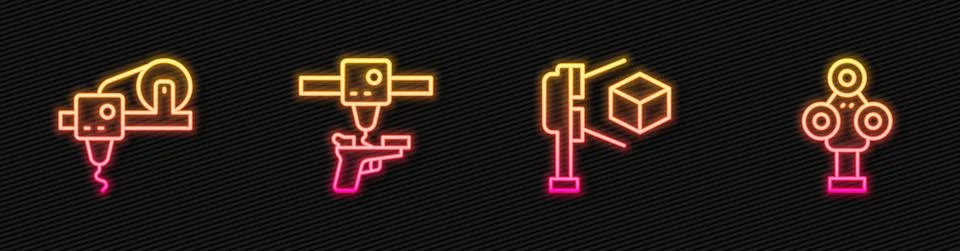 Set line 3D scanner with cube, printer, gun and . Glowing neon icon. Vector Stock Illustration