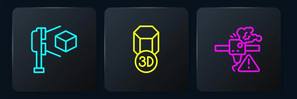 Set line 3D scanner with cube, printer warning and . Black square button. Vector Illustrazione stock