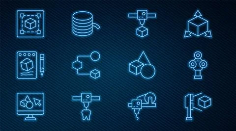 Set line 3D scanner with cube, printer, Isometric, Sketch on paper, Geometric Illustrazione stock