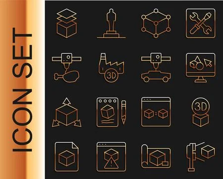 Set line 3D scanner with cube, Isometric, printer software, Printing house .. Ilustração Stock