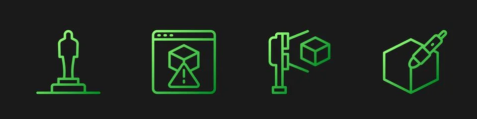 Set line 3D scanner with cube, printer model, and 3d pen tool. Gradient color Illustrazione stock