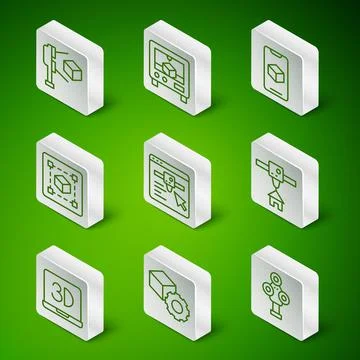 Set line 3D scanner, Isometric cube, with, printer setting, Geometric figure Stock Illustration