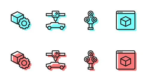 Set line 3D scanner, Isometric cube, printer car and icon. Vector Stock Illustration