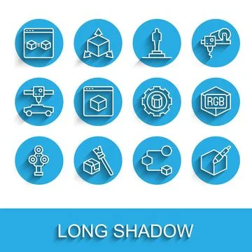 Set line 3D scanner, Isometric cube, printer perfect copy, 3d pen tool, RGB and Stock Illustration