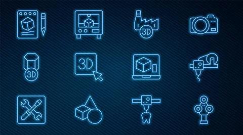 Set line 3D scanner, printer, Printing house industry, Sketch on paper, and icon Illustrazione stock