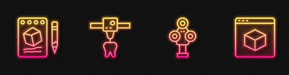 Set line 3D scanner, Sketch on paper, printer tooth and . Glowing neon icon Illustrazione stock