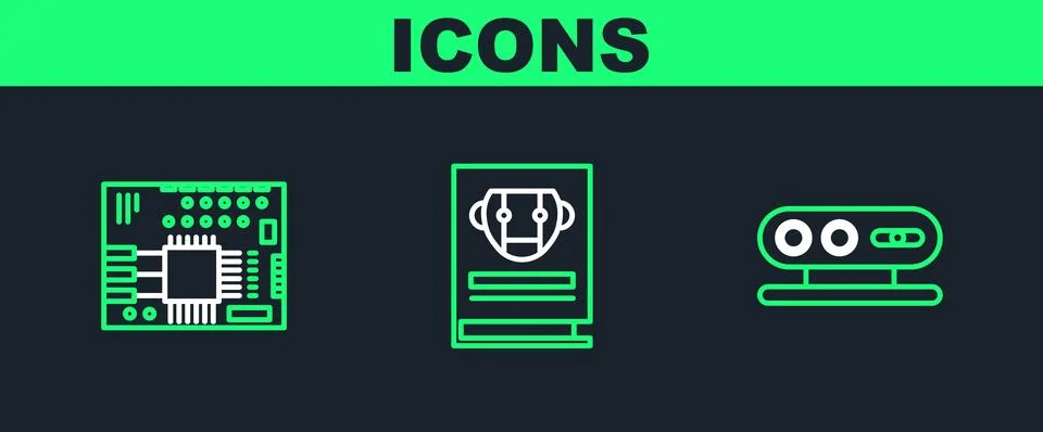 Set line 3d scanning system, Printed circuit board PCB and User manual icon Stock Illustration