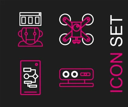 Set line 3d scanning system, Algorithm, Drone flying with action camera and Stock Illustration