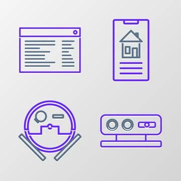 Set line 3d scanning system Robot vacuum cleaner Smart home and Software web  스톡 일러스트