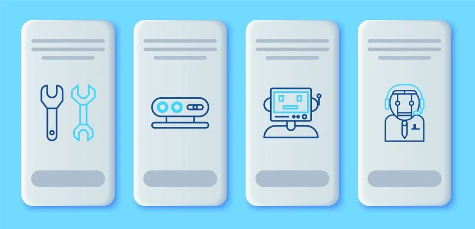 Set line 3d scanning system, Robot, Spanner and Worker robot icon. Vector Stock Illustration