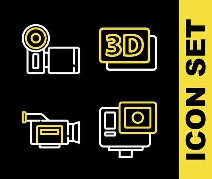 Set line 3D word, Action extreme camera, Cinema and  icon. Vector Stock Illustration