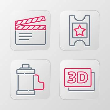 Set line 3D word, Camera film roll cartridge, Cinema ticket and Movie clapp.. Illustrazione stock
