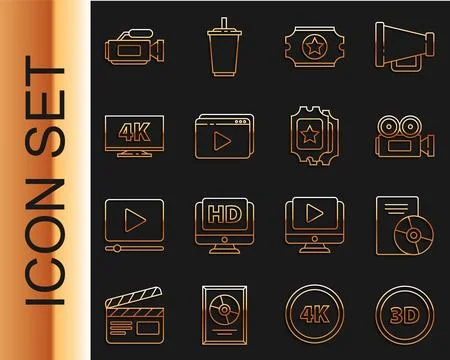 Set line 3D word, CD DVD disk, Cinema camera, ticket, Online play video, Screen イラスト素材