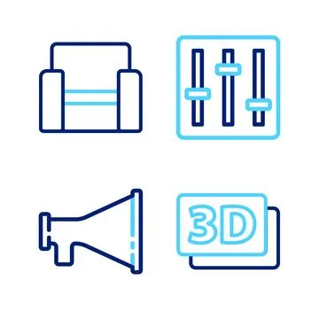 Set line 3D word, Megaphone, Sound mixer controller and Cinema chair icon. .. Stock Illustration
