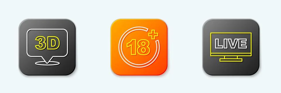Set line 3D word, Plus 18 movie and Live stream icon. Vector Stock Illustration