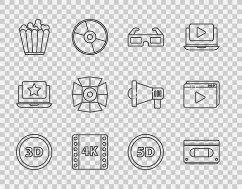 Set line 3D word, VHS video cassette tape, cinema glasses, 4k movie, frame Stock-Illustration