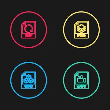 Set line 3DS file document, MOV, PSD and GIF icon. Vector Stock Illustration