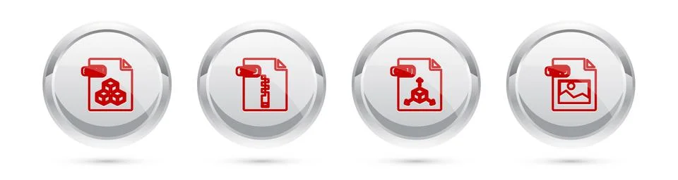 Set line 3DS file document, ZIP, OBJ and TIFF. Silver circle button. Vector Stock Illustration