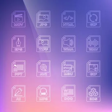 Set line 3DS file document, GIF, WAV, HTML, TIFF, EPS, MOV and WMA icon. Vector Stockillustratie
