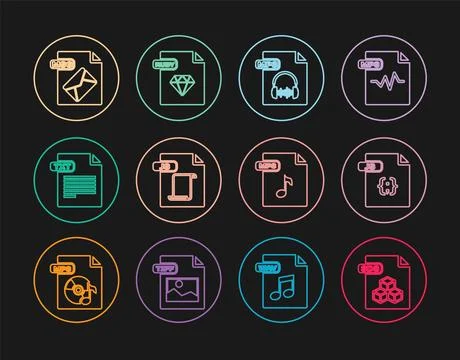 Set line 3DS file document, JS, MP3, TXT, MSG, and RUBY icon. Vector Illustrazione stock