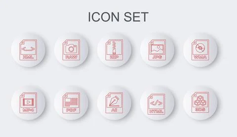 Set line 3DS file document, MP4, ZIP, HTML, XML, RAW, PDF and AI icon. Vector Stock Illustration