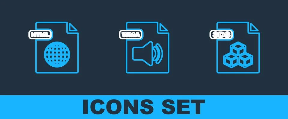 Set line 3DS file document, HTML and WMA icon. Vector 스톡 일러스트