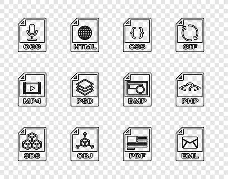 Set line 3DS file document, EML, CSS, OBJ, OGG, PSD, PDF and PHP icon. Vector イラスト素材
