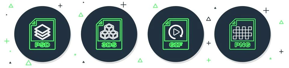 Set line 3DS file document, GIF, PSD and PNG icon. Vector イラスト素材