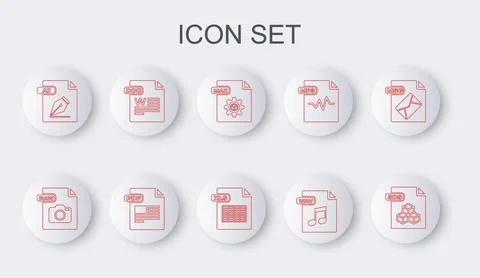 Set line 3DS file document, RAW, MAX, WAV, AI, DOC, PDF and XLS icon. Vector 스톡 일러스트