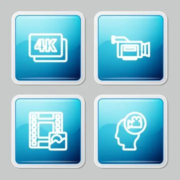 Set line 4k Ultra HD, Cinema camera, Play Video and Head with icon. Vector Illustrazione stock