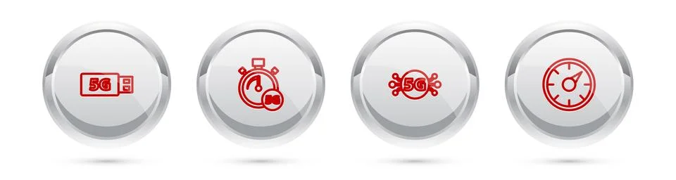 Set line 5G modem, Digital speed meter, network and . Silver circle button Stock Illustration