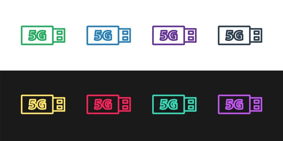 Set line 5G modem for fast mobile Internet icon isolated on black and white b Illustrazione stock