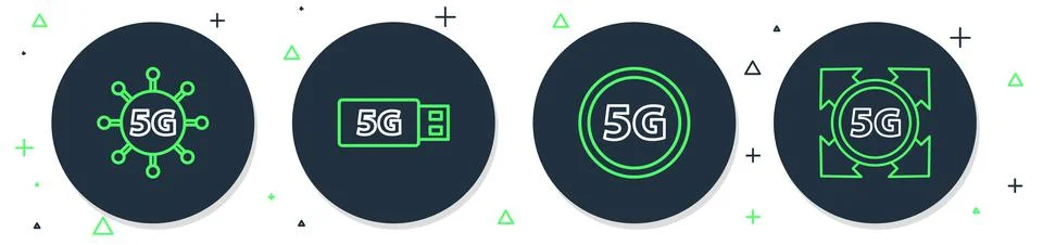 Set line 5G modem, Globe Sim Card, network and icon. Vector Illustrazione stock