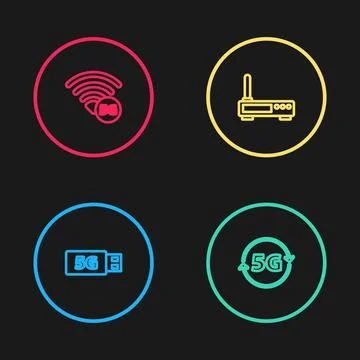 Set line 5G modem, network, Router and wi-fi signal and icon. Vector Stock Illustration
