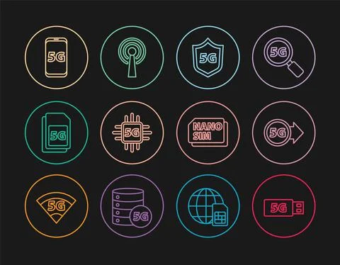 Set line 5G modem, network, Protective shield, Processor, Sim Card, Mobile with Stock Illustration