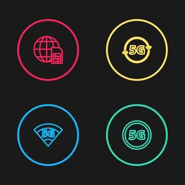 Set line 5G network, , and Globe Sim Card icon. Vector Stock Illustration