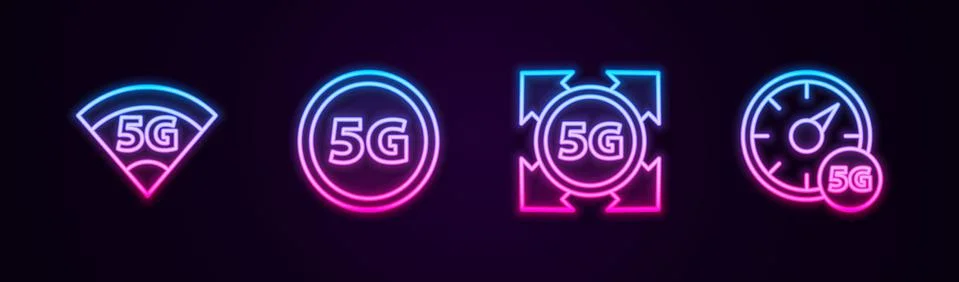 Set line 5G network, , and Digital speed meter. Glowing neon icon. Vector イラスト素材