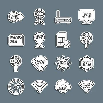 Set line 5G network, Antenna, Router and wi-fi signal, Location, Nano Sim C.. Stock Illustration