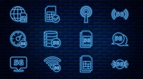 Set line 5G network, Antenna, Server, Digital speed meter, Globe Sim Card, .. Stock Illustration