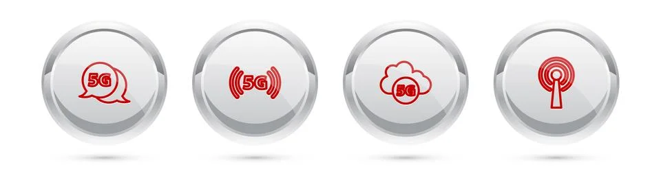 Set line 5G network, , Cloud and Antenna. Silver circle button. Vector Stock Illustration