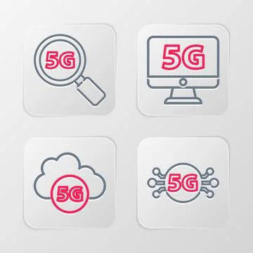 Set line 5G network, Cloud, Monitor with and Search icon. Vector 库存插图