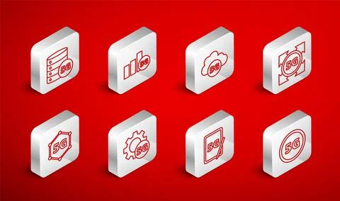 Set line 5G network, Cloud, Graphic tablet with, Server, Setting and icon Stock Illustration