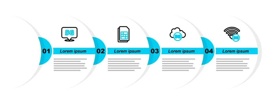 Set line 5G network, Cloud, Sim card and Location icon. Vector Illustrazione stock
